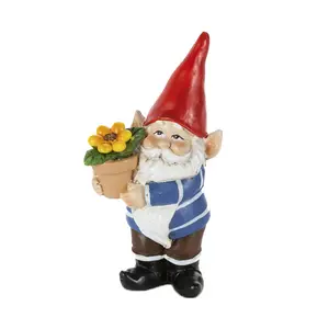 Figura de decoración personalizada para el hogar, gnomo de resina para jardín con flor para decoración, venta al por mayor