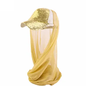 Syh38 Hijab musulman avec chapeau au design unique Shinny Gold Sequin Baseball Caps Set 2 Pcs