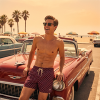 Celana Renang Pria Custom OEM Retro Motif Polkadot Cepat Kering Gaya Vintage Boardshorts 1 Buah Logo Depan Berbagai Pilihan Warna