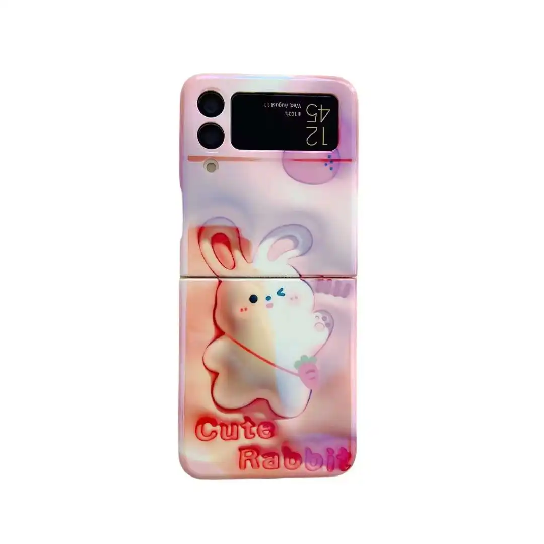 New Cute Cartoon 3D Rabbit Phone Case For Samsung Z Flip 4 3 Case Cute Girl PC Silicone IMD Phone Case