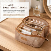 Sac à cosmétiques portable en maille, grande capacité, pochette de rangement pour articles de toilette à 3 compartiments