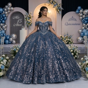 Xybb06-Pz Dusty Blue Quinceanera Ball Gown <b>Silver</b> Embroidery Corset Glitter Chiffon Natural Vintage Formal Evening Party - Product Image 1