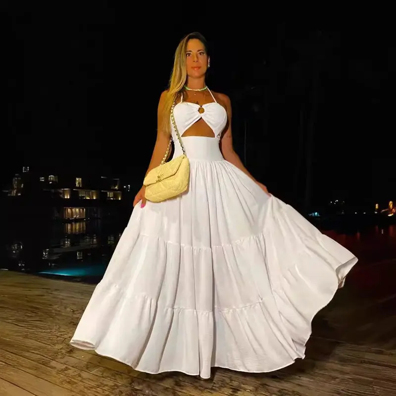 Elegante Witte Jurk 2024 Zomer Zomer Nieuwe Lange Stijl Sexy V-Hals Taille Mode Europa En De Verenigde Staten Witte Jurk