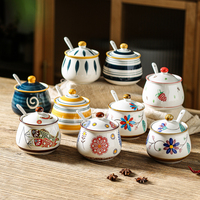 Bocaux à condiments en céramique de cuisine avec couvercles et cuillères, ensemble de pots à épices en porcelaine de style japonais pour sel, épices, poivre, sucre