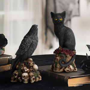 Harsen Ravenbeeld Art Deco Zwarte Vogel En Kat Zittend Op Skelet Met Rozenkroon Halloween Home Decor - Product Image 1