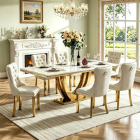 Ensemble de table à manger rectangulaire contemporaine Fanaosi 6 places avec chaises, pieds en acier inoxydable et plateau en marbre pour la maison ou la villa