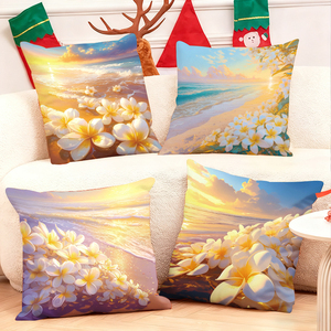 Bantal pantai yang nyaman dengan hiasan bunga frangipani menghiasi sofa pesta yang dihiasi kaus kaki Natal dan tanduk rusa. - Product Image 1