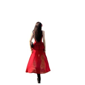 Vestido playero corto de poliéster de color liso con cuello en V y tirantes irregulares rojos de secado rápido para mujer - Product Image 5