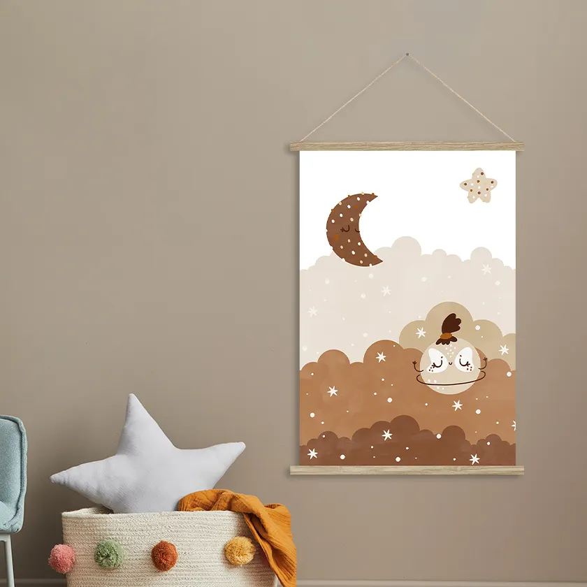 Arte de pared colgante para niños lindos de estilo marrón, Luna y estrella enrollable, Impresión de nuevo diseño personalizado con marco de MDF para decoración del hogar de niños