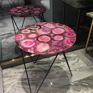 高級天然宝石スモールラウンドピンク瑪瑙コーヒーテーブル