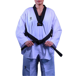 Uniforme de Taekwondo WT Personalizado en Blanco con Cuello en V Negro, Traje de Taekwondo Ribbed Dobok, Equipo de Artes Marciales Personalizado - Product Image 1