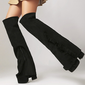 Botas Altas de Mujer Talla 44 con Superposición de Gamuza, Tacón Grueso y Plataforma, Punta Redonda Plegable - Product Image 4