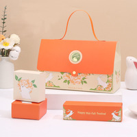 Boîtes à gâteaux de lune orange de qualité supérieure pour la fête de la mi-automne avec gaufrage et laminage mat Doublure en éponge Boîte cadeau de luxe recyclable avec poignée