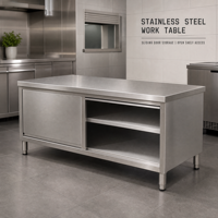 Table de travail de cuisine en acier inoxydable commercial 201 304 avec armoire à porte coulissante et étagère ouverte, table de préparation et de rangement pour restaurant
