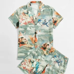 Men's Summer Set Shirt And Short Two Pieces Fashion Clothing Men's Viscose& Lyocell Statue Print Cabana Shirt For Men