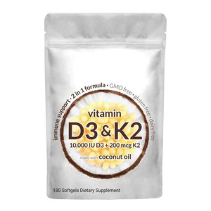 Vitamine D3 10000 UI avec K2 200 Mcg, 180 Soft-Gels | MK-7 K2 avec supplément de vitamine D3, soutien 2 en 1 immunitaire, santé - Product Image 1