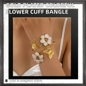 Polly Fashion Unisex Acrylic Oil Dripping Flower Cuff <b>Bangle</b> <b>Bracelet</b> with Butterfly and Colorful Design Open Layered <b>Bangle</b> - Product Image 2