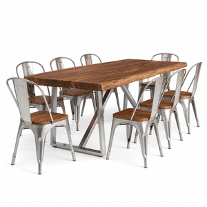 Ensemble de table à manger moderne 9 pièces, table en bois grain noyer, chaises en métal, rectangulaire, meubles de salle à manger durables, café, restaurant - Product Image 6