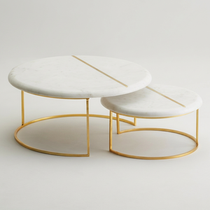 AK Brass <b>Round</b> Iron Metal Coffee <b>Table</b> Set of 2 <b>Gold</b> Finish with Marble Top for Living Room Cafe Hotel Furniture - Product Image 4