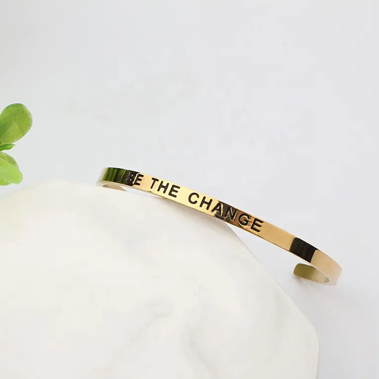 4MM Custom Personalized Steel Positive Inspirational Quote Engraved Cuff Bangle Bracelet
