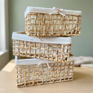 Handmade & Homey Rattan Storage <b>Baskets</b> Rectangle Three-Layer With Cotton Liner Rustic Style For Living Room Organizing - Product Image 1