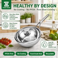 Wok en acier inoxydable Zhenneng sans revêtement, sans PFOA, avec couvercle en verre trempé, poêle à frire profonde en acier de qualité alimentaire, manche long