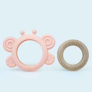 Anillo mordedor de silicona para bebé con anillo de madera de calidad alimentaria para 0 a 24 meses, unisex, rosa - Product Image 1