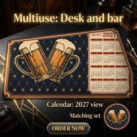 Tapis de bureau rétro vintage XL avec calendrier en forme de chopes de bière et dessous de verre rond assorti antidérapant pour comptoir de bar