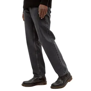 جينز رجالي أسود مغسول مطرز مخصص قطع مستقيمة عالية الارتفاع من القطن 100%