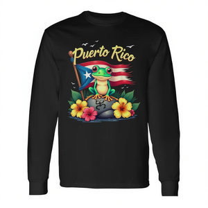 T-shirt a maniche lunghe con rana Coqui di Porto Rico con design bandiera e fiori - Product Image 2