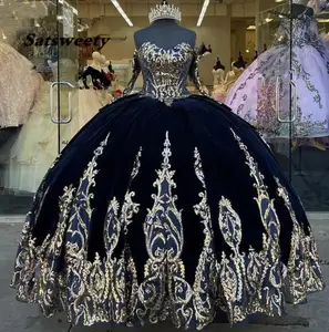 Vestido de baile de princesa quinceanera de veludo azul marinho Mumuleo, vestido de renda com lantejoulas e apliques, estilo mexicano doce, 15 vestidos de baile