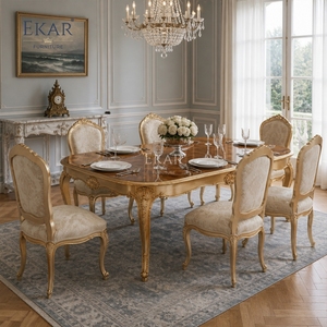 <span class=keywords><strong>Meja</strong></span> Makan Gaya Prancis Aurelia Berlapis Emas - <span class=keywords><strong>Meja</strong></span> Mewah Kayu Burl Ukiran Tangan - Product Image 2