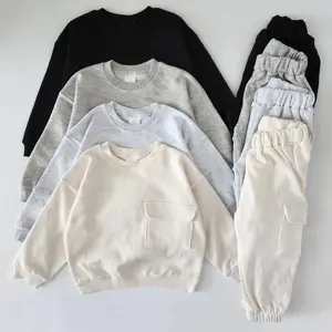 2024 French terry long sleeve kids pocket sweatshirt set plain fall unisex toddlers baby Jogger Pants Set