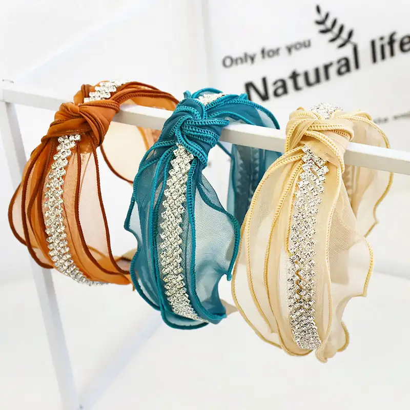 2021 Spring New Hair Hoop Fashion Solid Color Lace Mesh With Diamond Hairband Women Hair Accessories Middle Knot Headband