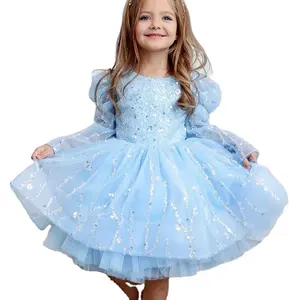 Синее платье с блестками для девочек, Сказочная юбка принцессы с длинными рукавами, Детские вечерние платья для выступлений на день рождения