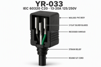 Steker Jantan YR-033 IEC 60320 C20 20A 125/250V dengan Kabel Daya SJT 12/3 AWG Bersertifikasi UL untuk Server PDU