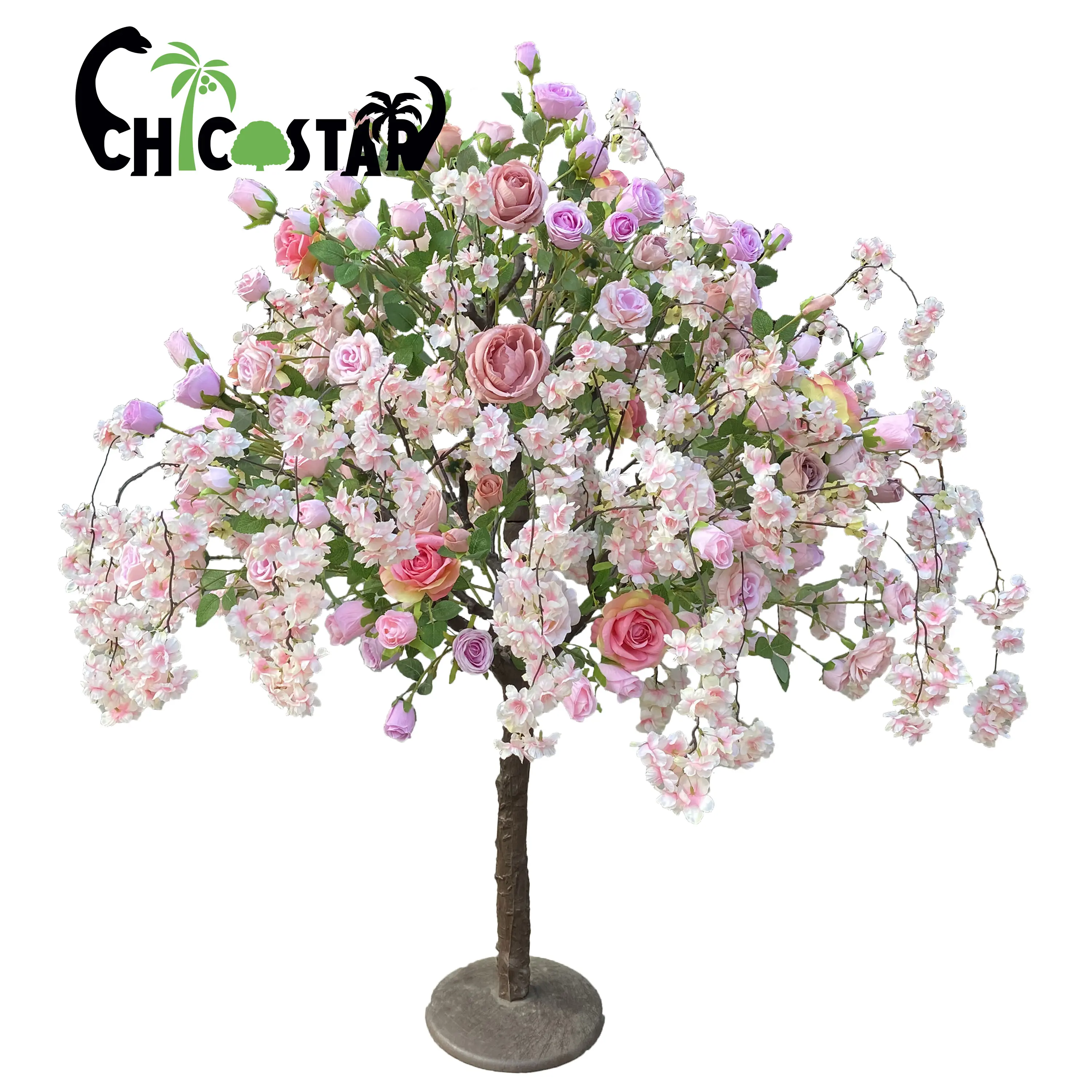 Pohon bunga meja kecil realistis palsu bunga mawar merah muda pohon mawar buatan untuk dijual