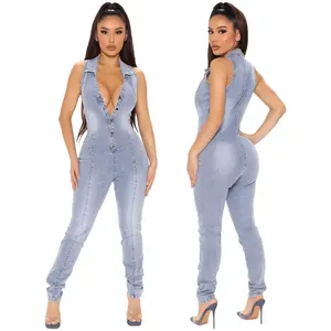 Womens jeans cargo pants sleeveless button notched sexy lady jumpsuit denim normal size blue women s jeans tall waist overalls