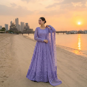 ชุดอานาร์กาลีลูกไม้สีม่วง ปักลายดอกไม้ ชุดอินเดีย-ปากีสถาน แขนยาว พร้อมผ้าคลุมไหล่ สำหรับงานปาร์ตี้และงานแต่งงาน - Product Image 1
