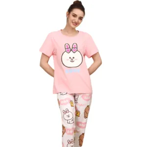 Yaz kadın pijama kısa kollu pantolon pijama kadınlar için Set sevimli baskılı 2 parça baskı desen yuvarlak boyun pijama ile