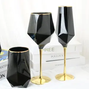 Gold rim solid black goblet wine glasses champagne flute glass tumbler drinking glass cups for wedding