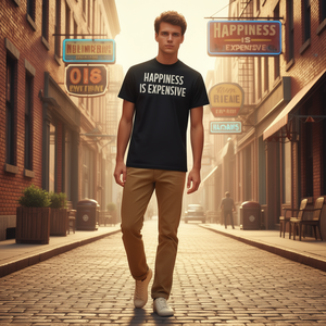 Camiseta de estilo vintage Happiness Is Expensive, ropa informal negra para hombre - Product Image 3