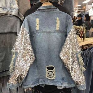 Nuova <span class=keywords><strong>Giacca</strong></span> da Donna in Denim con <span class=keywords><strong>Paillettes</strong></span> Cappotto Ampio alla Moda con Strappi di Tendenza e Maniche Lunghe - Product Image 3