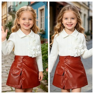 Toddler Girl's Clothes Set 2026 Autumn <strong>White</strong> Long Sleeve Shirt + Brown Pu <strong>Leather</strong> <strong>Skirt</strong> 2 Pcs Fashion Set - Product Image 3