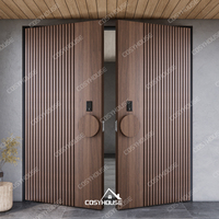 Porte d'entrée design en bois géométrique moderne à double battant, porte pivotante en bois architecturale sur mesure