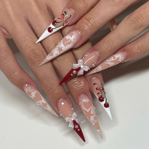OEM Nouveau 3D Long Stiletto Noeud <span class=keywords><strong>Cerise</strong></span> Perle Français Press on Faux Ongles Couverture Complète Ins Ongles Artificiels <span class=keywords><strong>Manucure</strong></span> - Product Image 1
