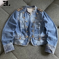 Veste Bomber en Jean Délavé Style Napoléon LARSUR, Coupe Slim, Col Montant, pour Moto, Veste Hussar en Jean Court