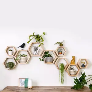 Rustic Floating Honeycomb Shelves Wooden Hexagon Shelves Wall Mounted Wood Display Shelf Storage Holders Home Decoration