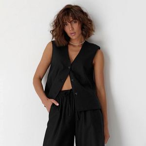 2024 haute rue décontracté coton lin noir sans manches <span class=keywords><strong>gilet</strong></span> <span class=keywords><strong>costume</strong></span> jambe large pantalon deux pièces <span class=keywords><strong>costume</strong></span> conception vêtements pour femmes - Product Image 2