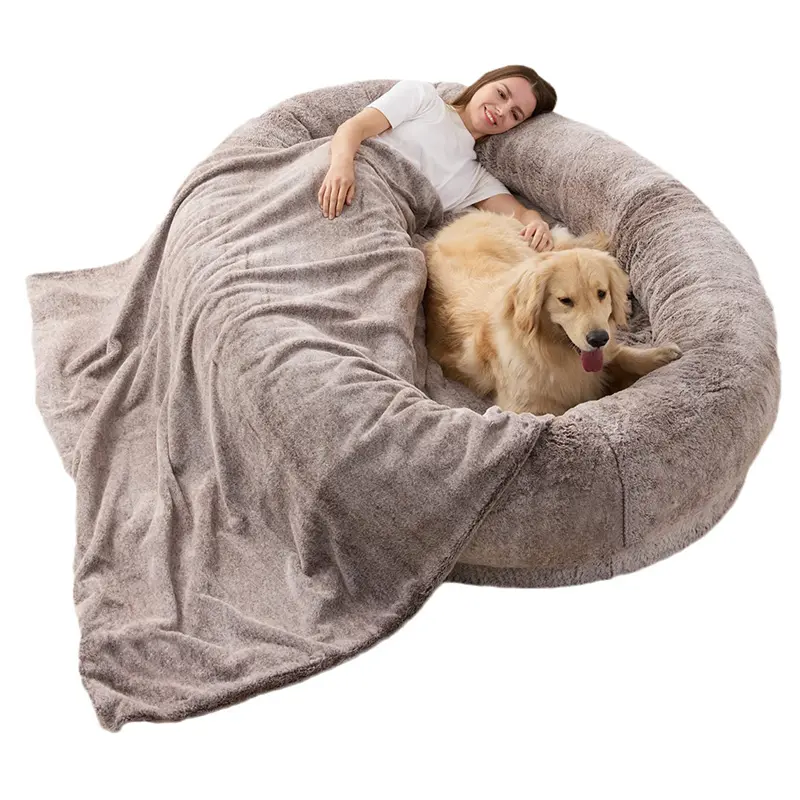 Tempat tidur anjing manusia untuk orang dewasa, tempat tidur tas kacang persegi panjang dengan bulu Fuax dapat dicuci dan kasur ortopedi